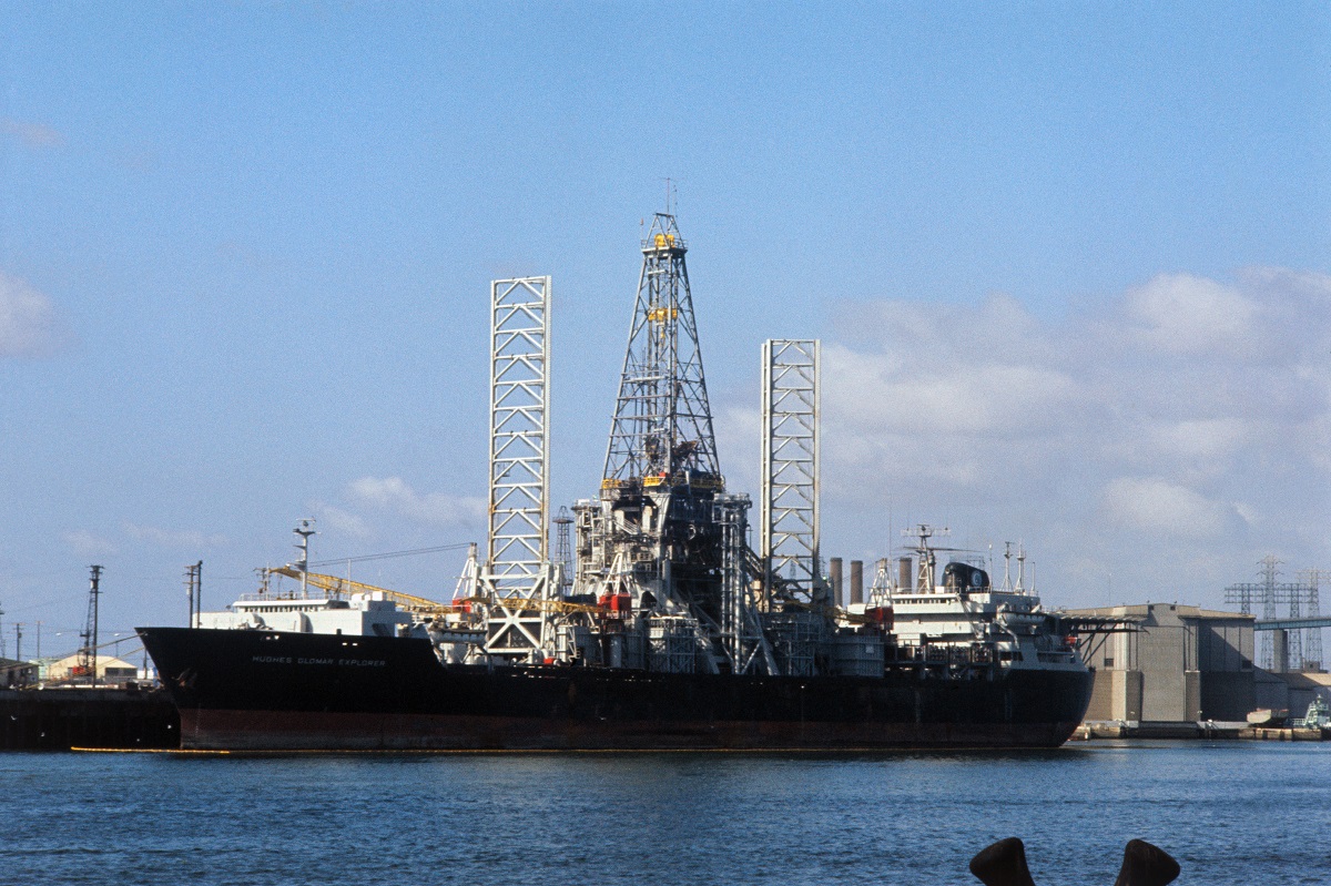 (Original Caption) Los Angeles, CA.: The Glomar Explorer ship used for deep sea exploration, shown tied up in Long Beach harbor. (Photo Credit: Bettman / Getty Images)