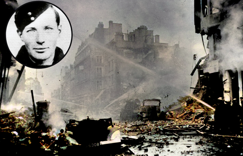 Damaged buildings during the London Blitz + Military portrait of Gordon Cummins