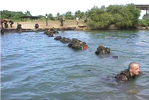 Soldiers wading through water