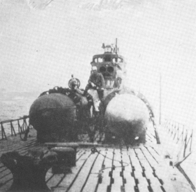 Two Kaiten manned torpedoes on the top deck of a submarine