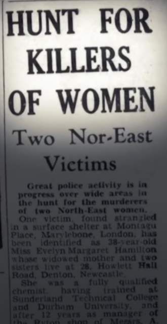 Newspaper clipping with the headline "HUNT FOR KILLERS OF TWO WOMEN"