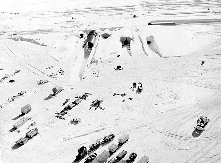 Aerial view of a portable nuclear power plant erected in the snow