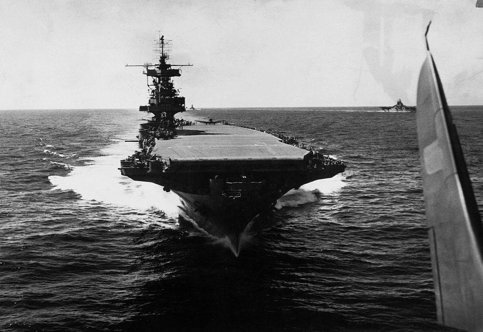 USS Enterprise (CV 6) as seen from an SBD (Dauntless dive bomber) which has just taken off. The USS Lexington (CV 16) is at right in the background. (Photo by © CORBIS/Corbis via Getty Images)