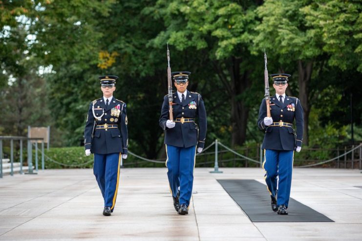 Three Sentinels walking in unison