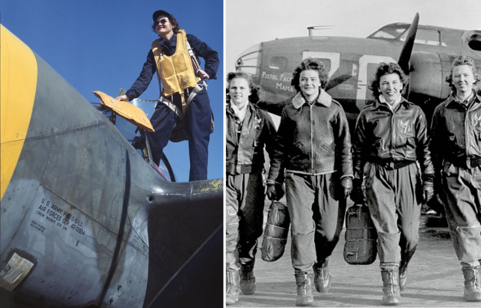 WASP standing atop a P-38 + Four WASPs walking away from an airplane