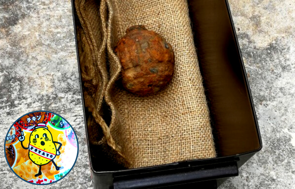 WWI grenade + Calbee potato mascot