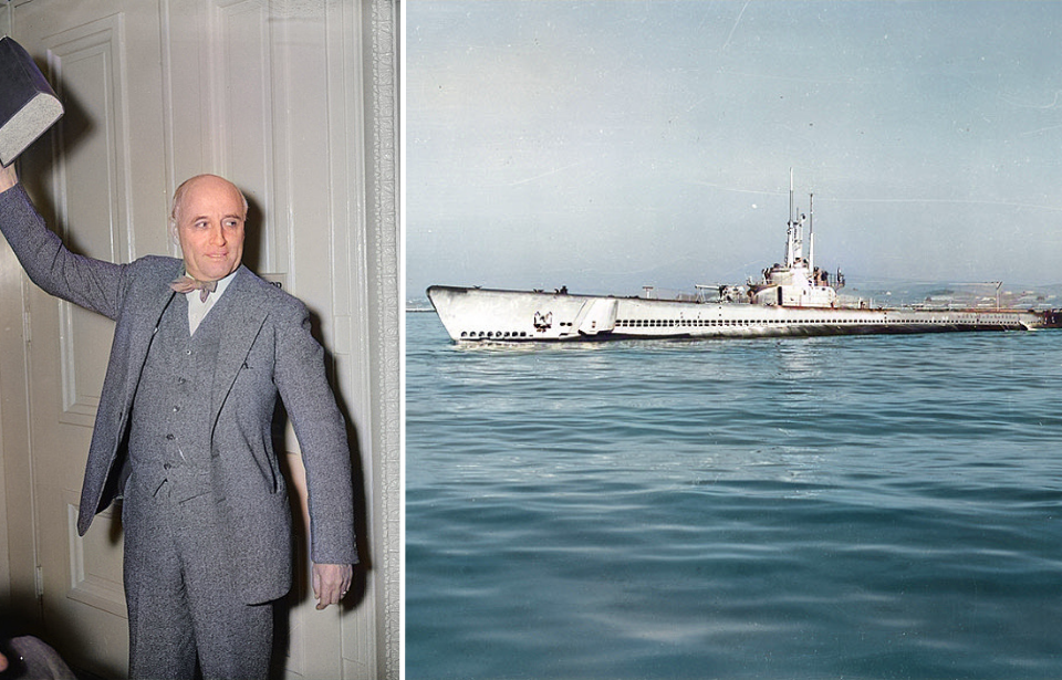 Andrew May holding up a book + The USS Balao at sea