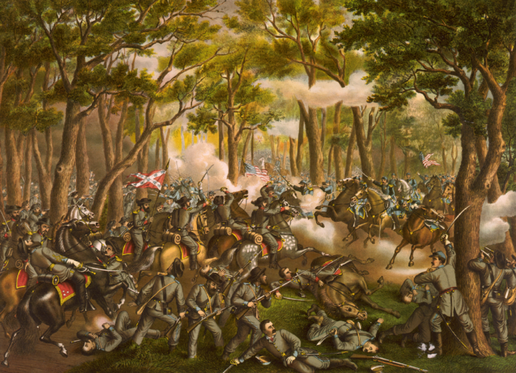 Soldiers on horseback charging toward each other in the forest