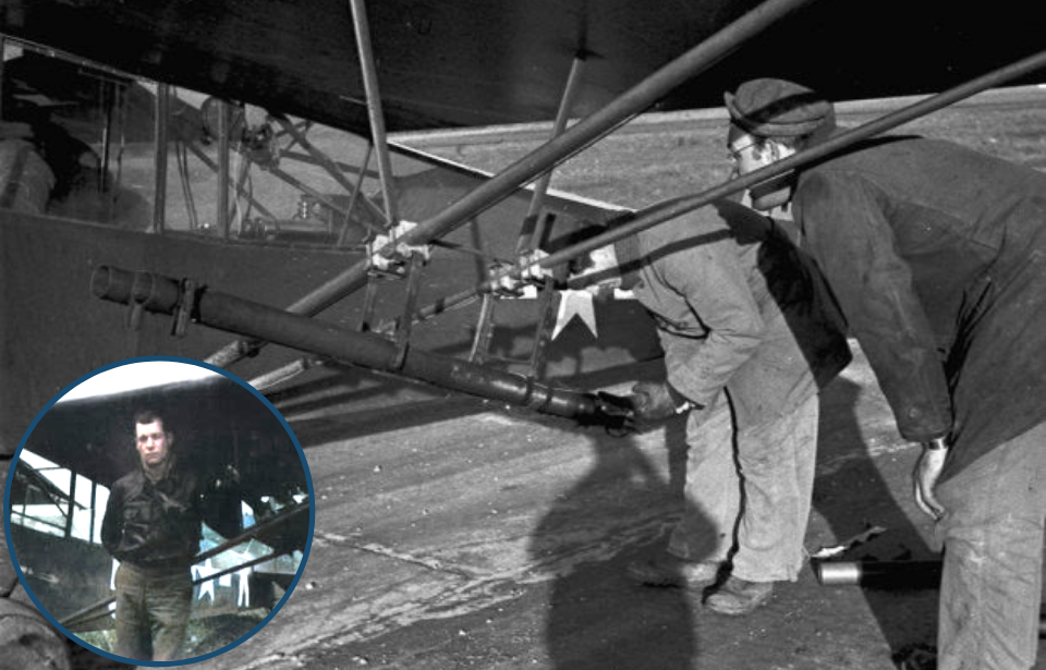 Military personnel installing bazooka launchers onto an L-4 Grasshopper + Charles Carpenter