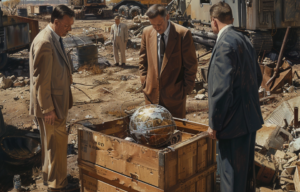 AI rendering of three CIA agents standing around a stolen Soviet satellite in a wooden crate