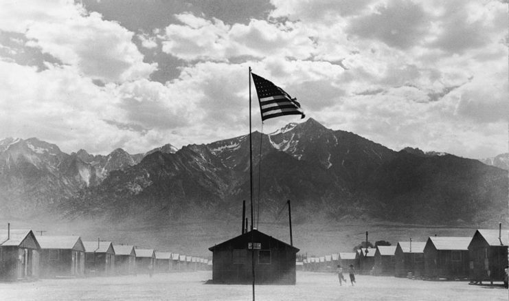 American flag flying in the middle of the Manzanar War Relocation Center