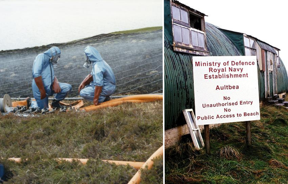 Two military personnel crouching + Warning sign on Gruinard Island