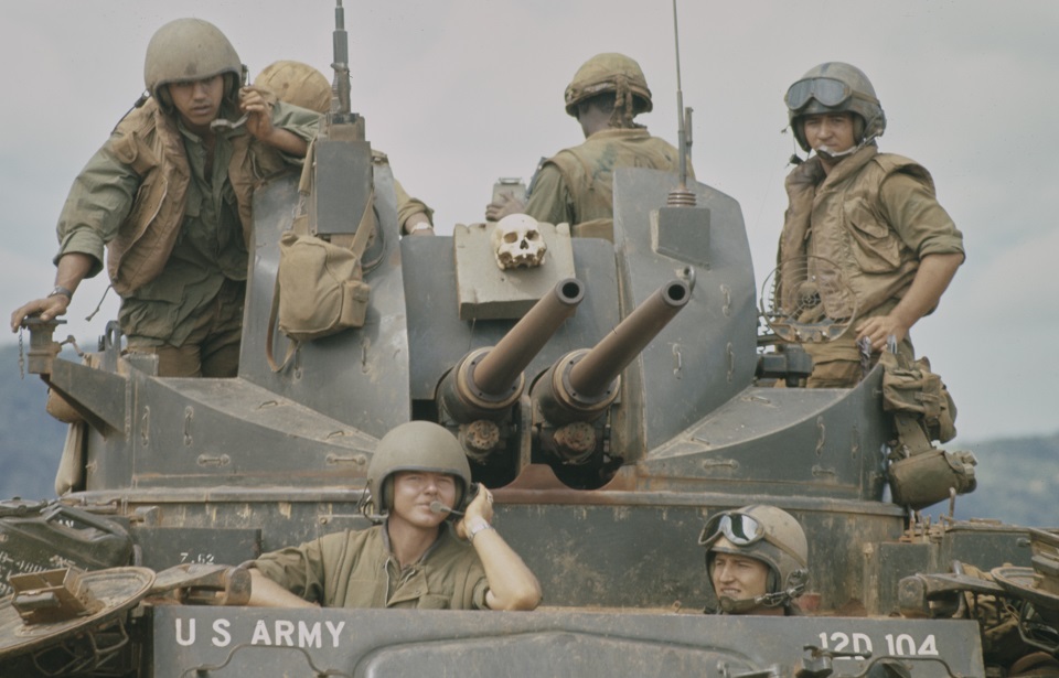 The last contingent of Khe Sanh-based United States Marines on board an M42 Duster self-propelled anti-aircraft gun during the evacuation of Khe Sanh Combat Base (KSCB) in Khe Sanh, Vietnam, 4th July 1968. (Photo by Bettmann Archive via Getty Images)