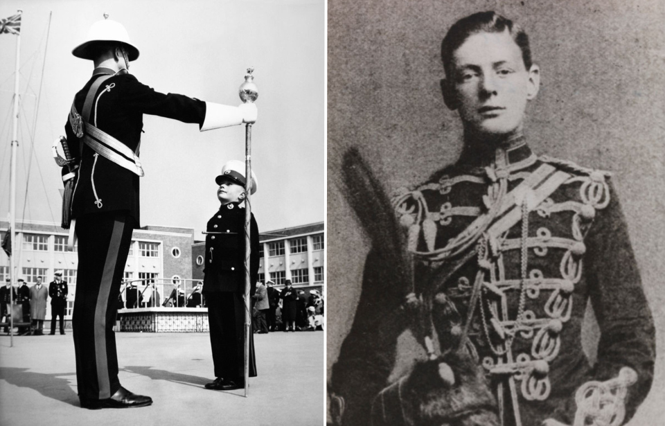 Little boy looking up at a Royal Marine drum major + Military portrait of Winston Churchill