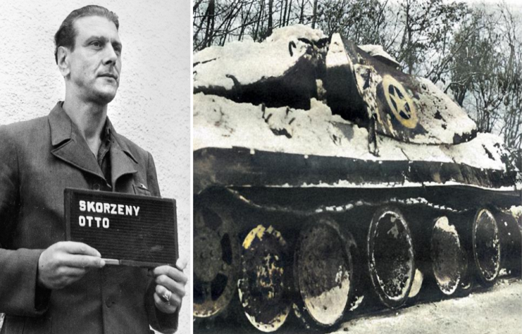 German Panther Tank disguised to look like M10 Wolverine tank destroyer during Operation Greif + Otto Skorzeny (1908-1975), photographed during his trial in Nuremberg.
