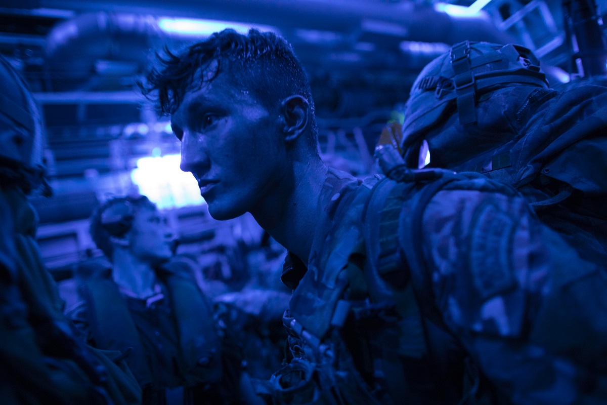 Soldiers from 40 Commando, Royal Marines prepare to head out from RFA Lyme Bay on a night time raid as part of exercise 'Saif Sareea 3' on October 23, 2018 in the Arabian Sea, Oman. (Photo by Dan Kitwood/Getty Images)