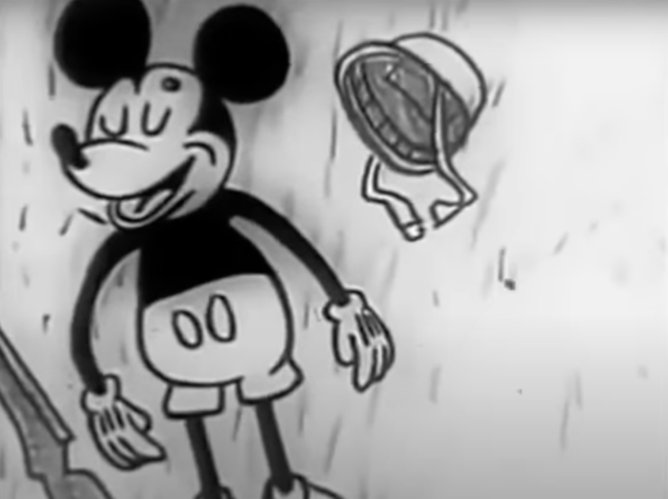 Mickey Mouse lying on the ground with a gunshot wound to the head