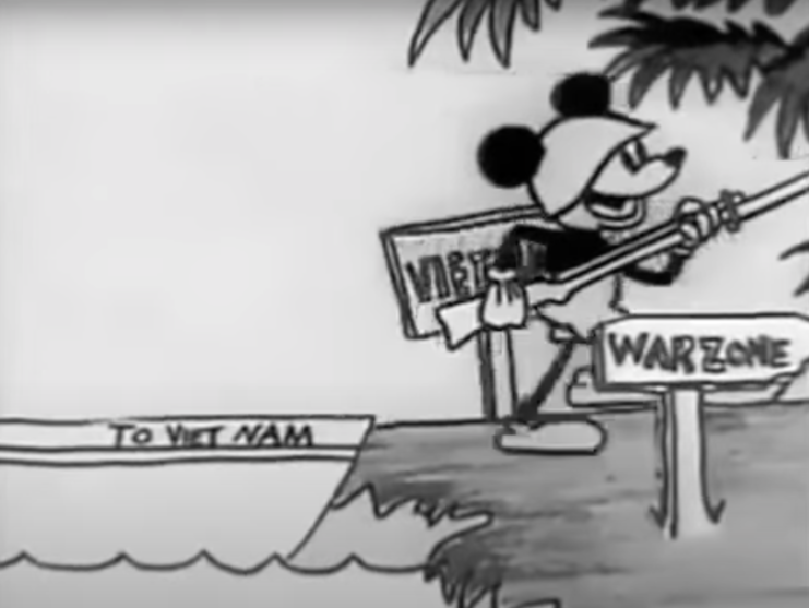 Mickey Mouse walking in Vietnam with a bayonet