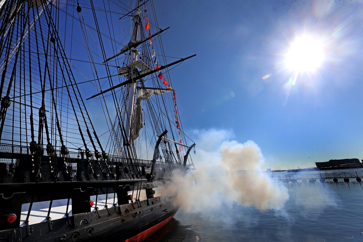 Charlestown, MA - October 13: The USS Constitution in Charlestown, MA celebrates the Navy's 246th Birthday with a 21-Gun Salute on October 13, 2021.  (Photo by David L. Ryan/The Boston Globe via Getty Images)