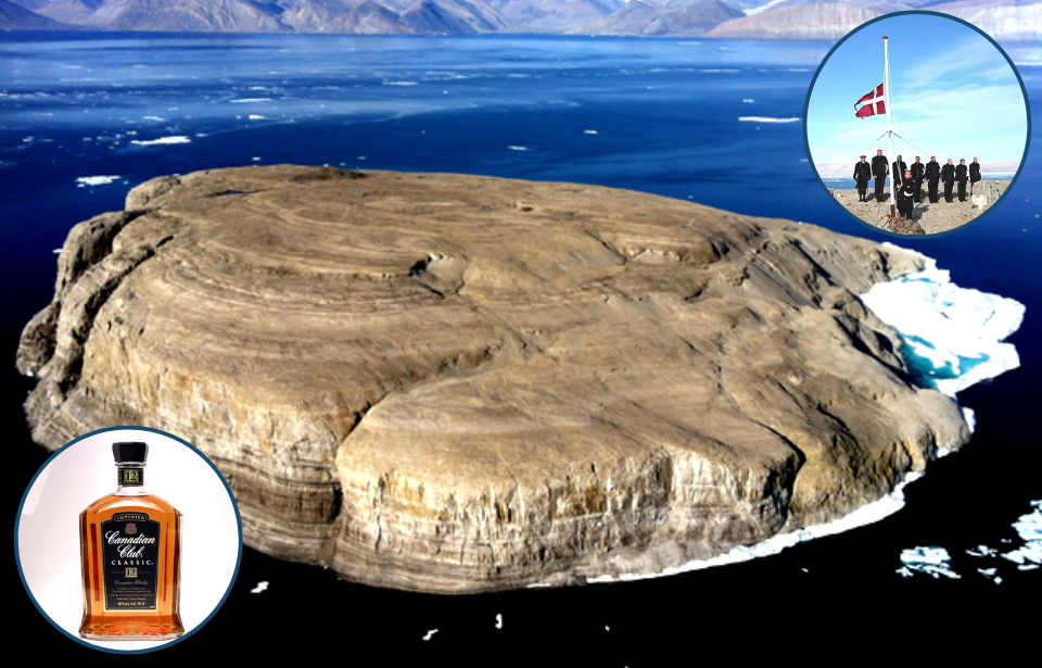 Aerial view of Hans Island + Bottle of Canadian Classic whisky + Danish officers raising the Danish flag