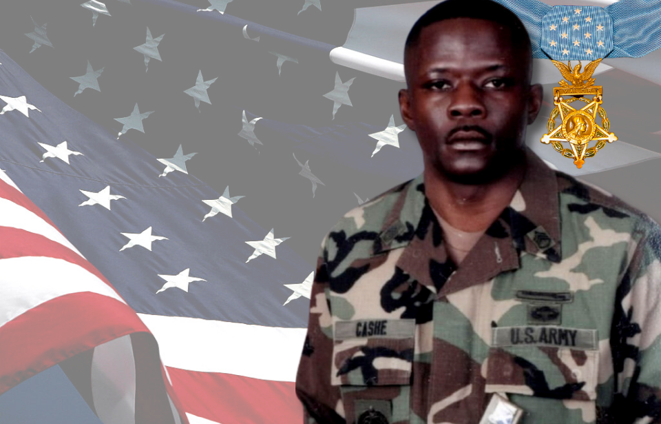 American flag + Alwyn Cashe + Medal of Honor