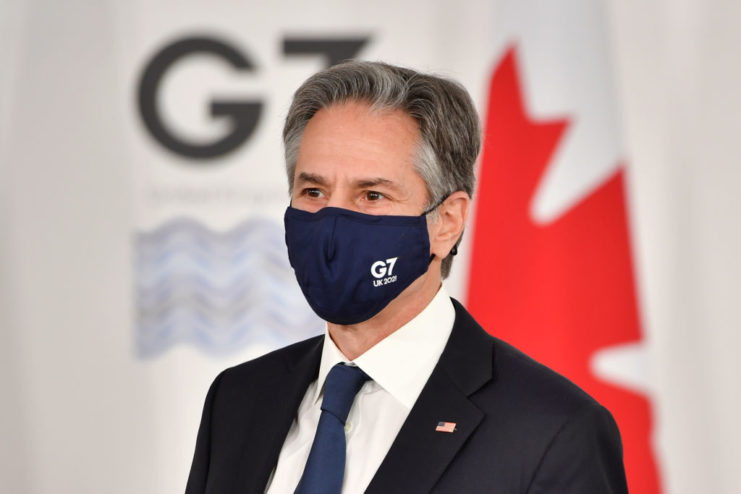 US Secretary of State Antony Blinken wearing a face mask