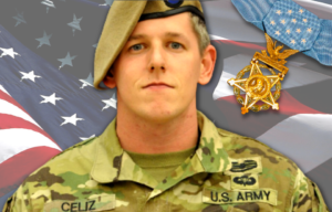 American flag + Portrait of Christopher Celiz + Medal of Honor