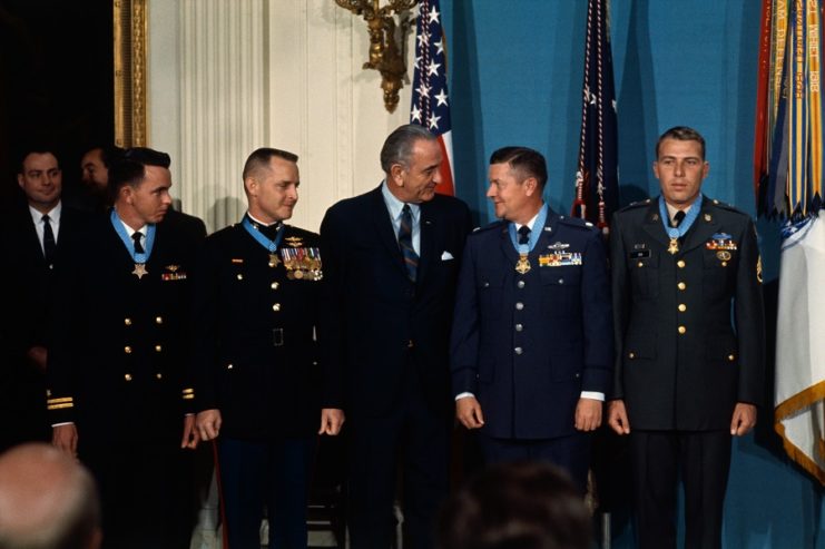 Drew Dix and other Medal of Honor recipients standing with Lyndon B. Johnson