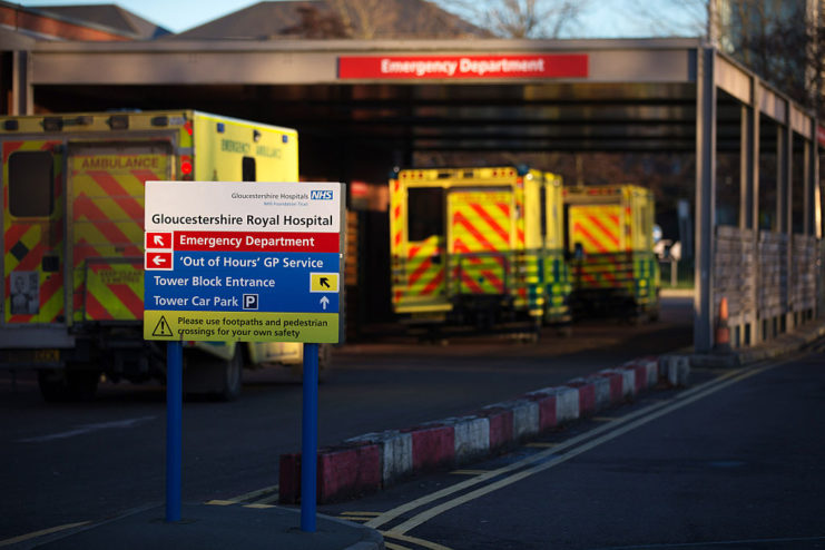 Ambulances parked outside of Gloucestershire Royal Hospital