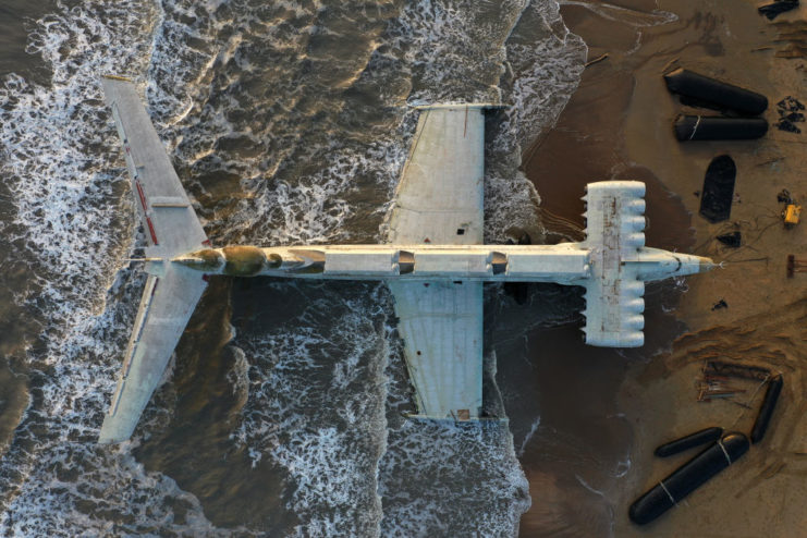 Aerial view of the Lun-class ekranoplan on shore