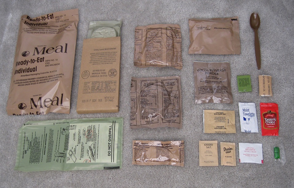 An MRE contains a main course, side dish, bread, dessert, and flameless ration heater (Photo Credit: Christopherlin / Wikipedia / CC BY-SA 3.0)