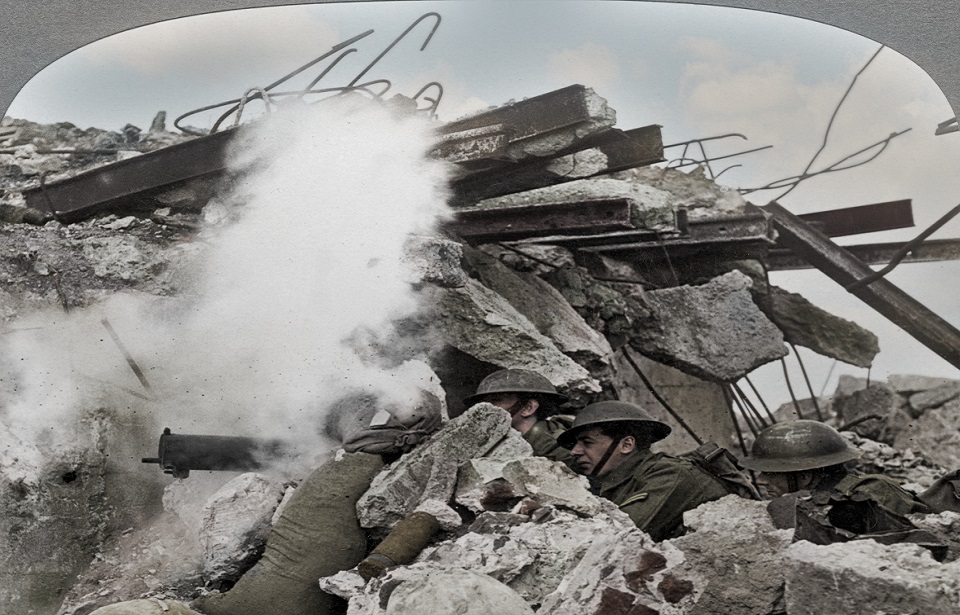 Machine gun nest, Poelcappelle, Belgium, World War I, 1914-1918. Poelcappelle was the site of a battle during the larger Battle of Passchendaele (Third Battle of Ypres) in 1917. Stereoscopic card detail. (Colorised black and white print). Artist Realistic Travels Publishers. (Photo by The Print Collector/Getty Images)