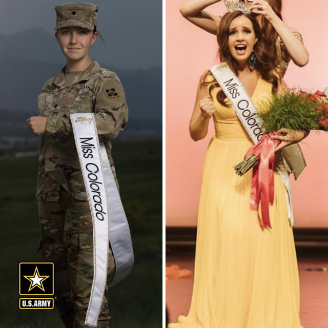 Spc. Maura Spence-Carroll in her Army fatigues + Spc. Maura Spence-Carroll being crowned Miss Colorado 2021