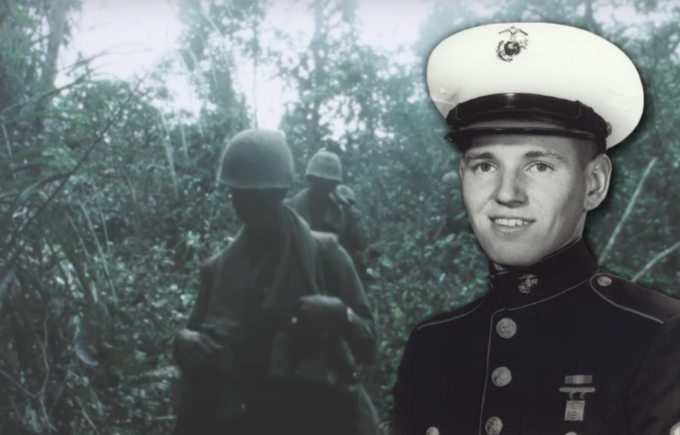 Marines walking through the jungle + Military portrait of William T. Perkins Jr.