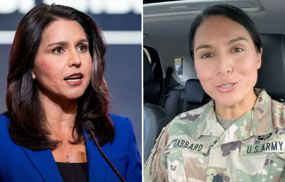 Tulsi Gabbard wearing a blue suit + Tulsi Gabbard in her military uniform