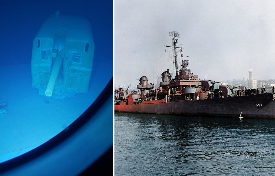 USS Johnston (DD557) shipwreck below the water + USS Johnston (DD-557) at sea