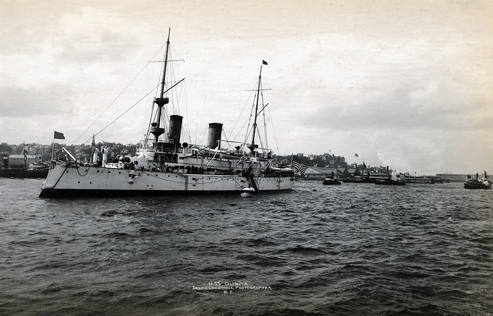 U.S.S. Olympia, Dewey's flagship, Battle of Manila Bay. Undated photograph,(Photo Credit: Irving Underhill / Getty Images)