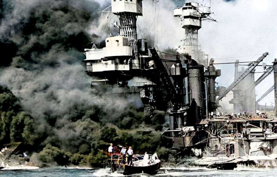 USS West Virginia shrouded in smoke