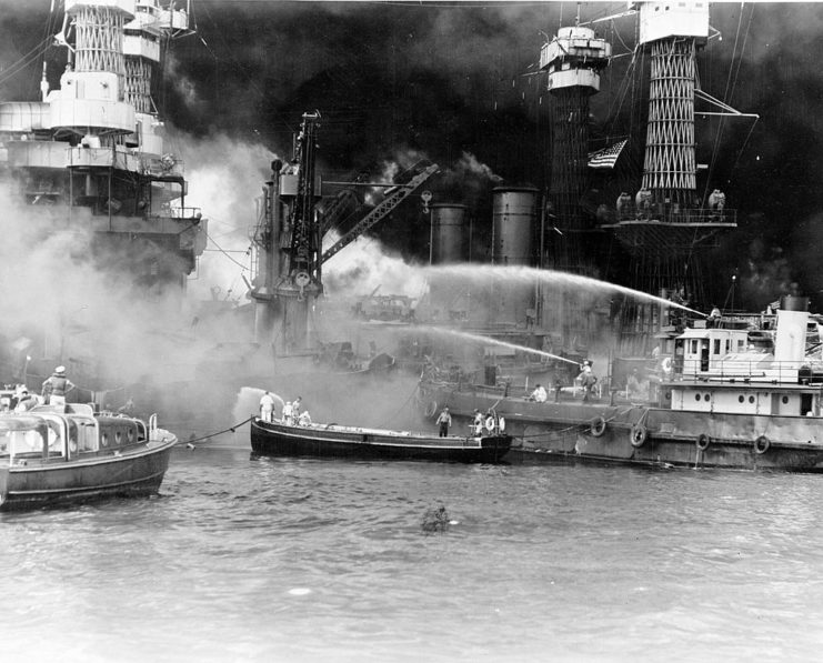 USS West Virginia shrouded in smoke