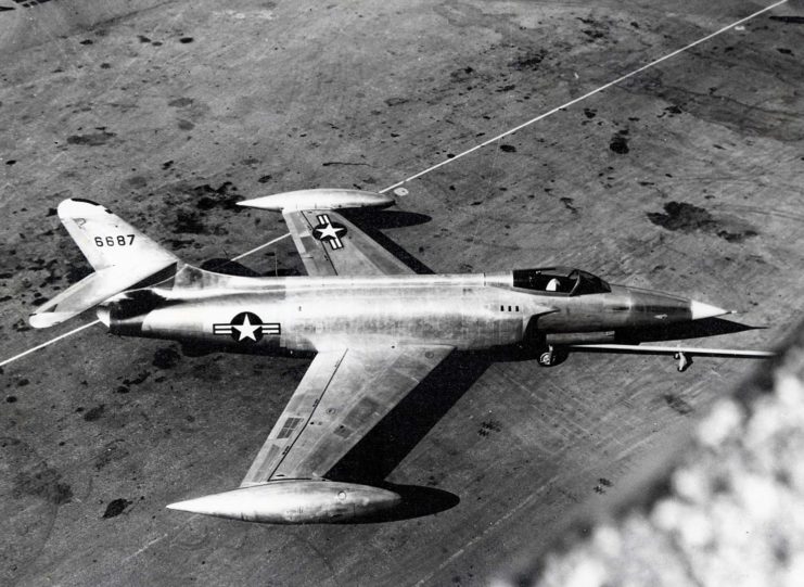 Aerial view of the first Lockheed XF-90 prototype parked on the tarmac