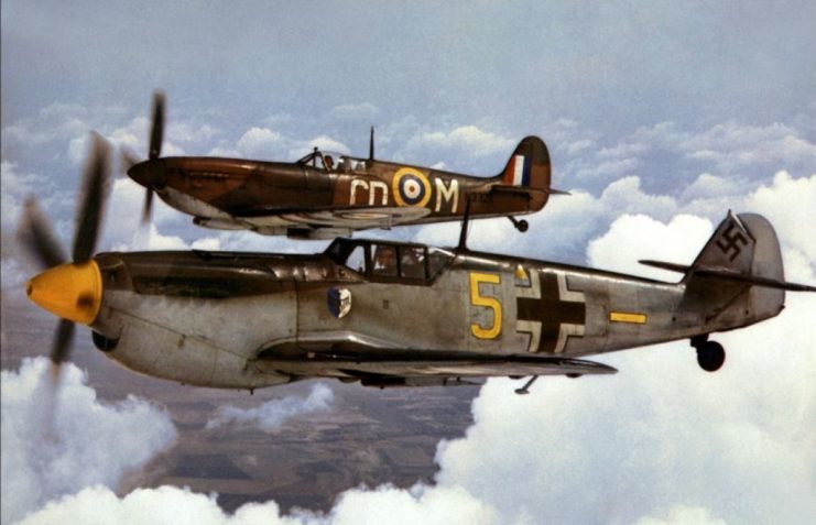 Supermarine Spitfire flying alongside a German aircraft