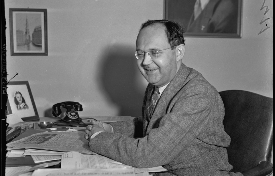 Dr. Georg Gyssling learns of the overtaking of Czechoslovakia, Los Angeles, 1939. (Photo Credit: UCLA Library Special Collections via public domain/ CC-BY-SA-4.0)