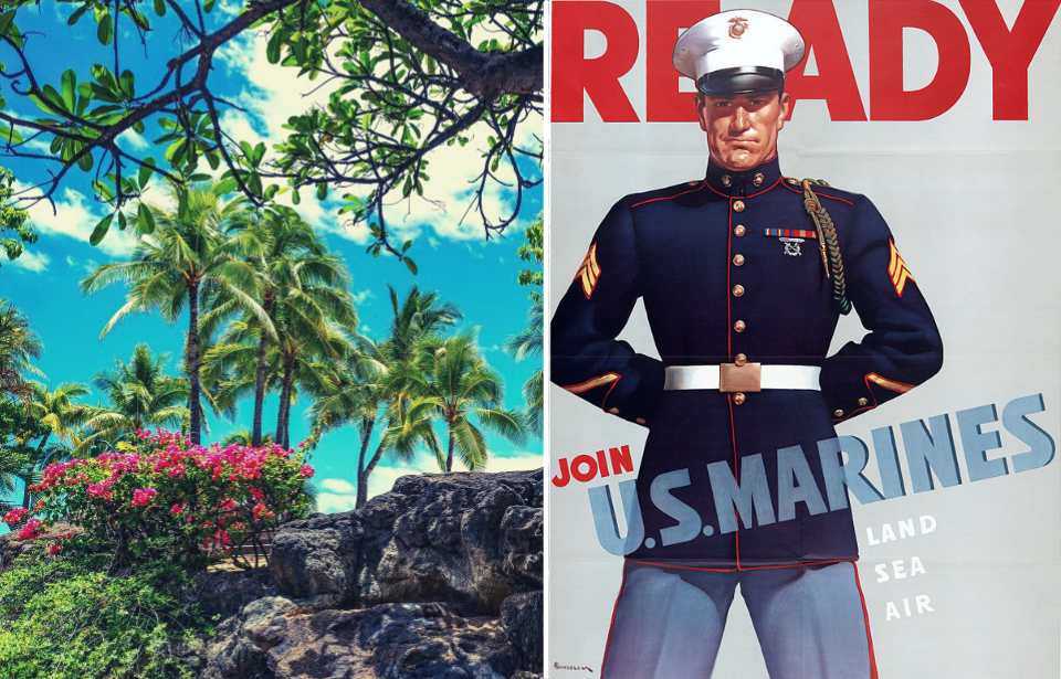 Hawaiian beach and Marines poster (Photo Credit: Masci Giuseppe/AGF/Universal Images Group via Getty Images & GraphicaArtis/Getty Images)