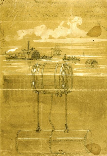 Sketch of a sea mine floating in the Potomac River