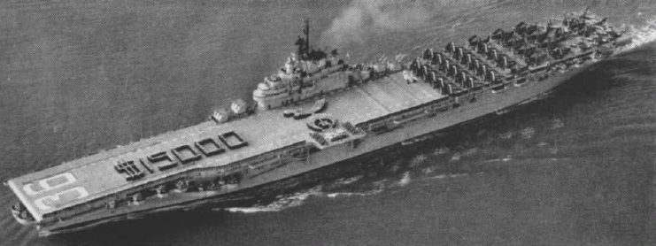 Aerial view of the USS Antietam at sea