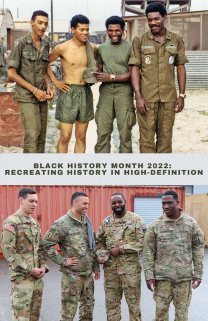 Chief Warrant Officers 2 Jeff Barnes, Brandon Holliday, DeBrandon Perryman and Daniel Nembhard recreating a photo of Warrant Officers Clyde Romero, James Casher, Eldridge Johnson and Bob Farris