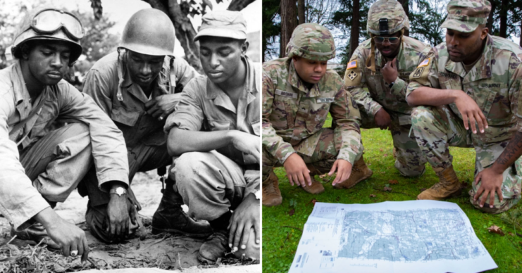 Cpl. Zavier Brown, Sgt. Donell Gaiter and Sgt. Dustin Edwards recreate a photo of 1st Lt. Oliver Dillon, 1st Lt. Ernest Robinson and 1st Lt. Walter Redd