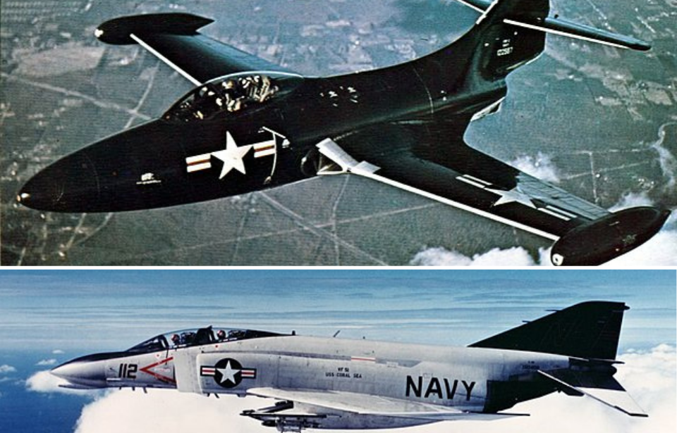 Grumman F9F-2 Panther in flight + F-4B Phantom II in flight