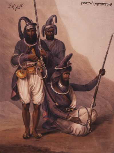 Drawing of three Akali-Nihang warriors