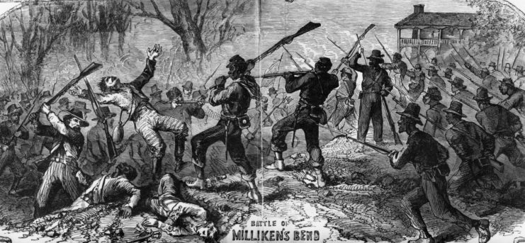Black soldiers fighting white soldiers during the Civil War's Battle of Milliken Road